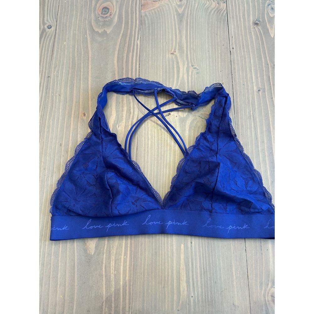 D43 Victoria's Secret PINK Royal Blue Lace Strappy Racerback Bralette XL